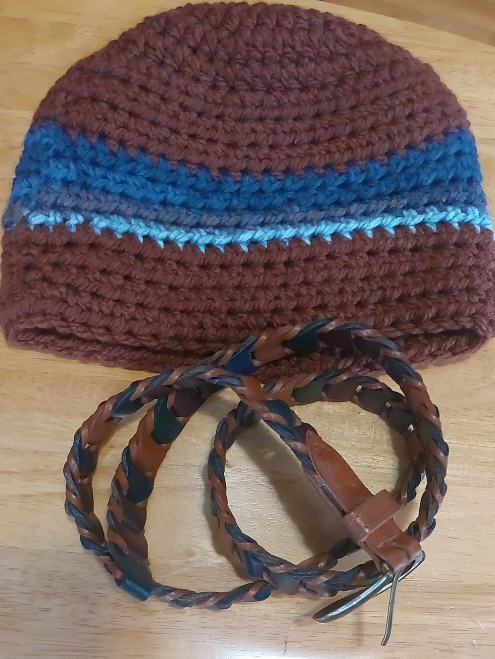 New Handmade Crochet Beanie & Vintage Genuine Leather Braided Belt M/L Set
